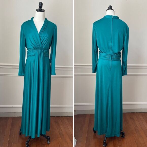 Vintage Dan Leslie 70s Long Sleeve Emerald Green Maxi Dress Cross Front M - Picture 1 of 7
